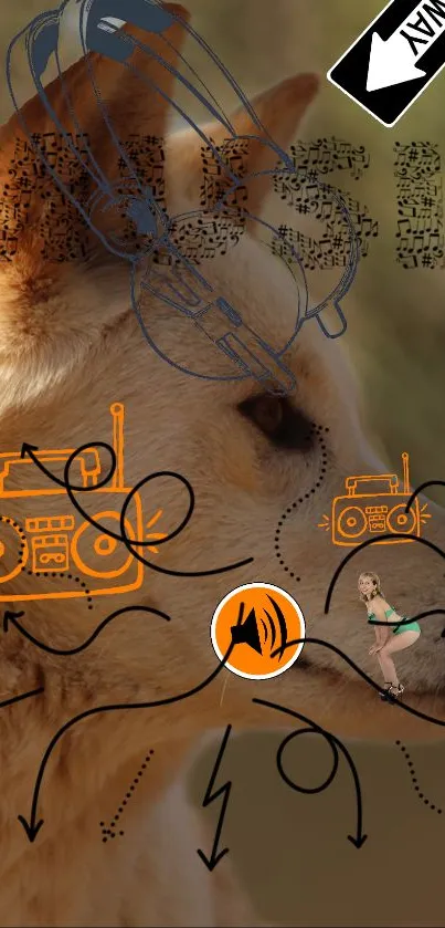 Dog with artistic music elements in vibrant orange hues.
