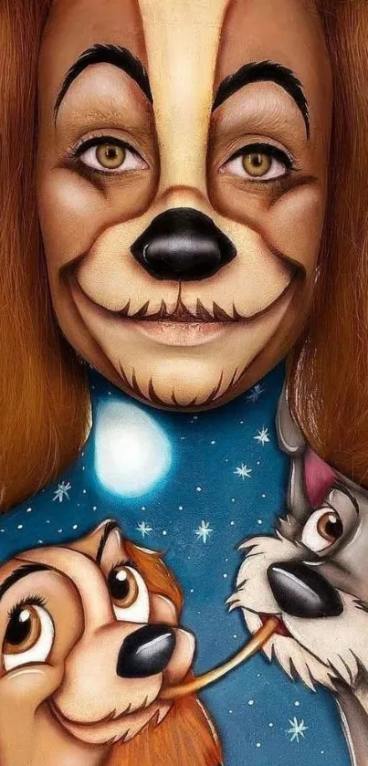 Creative illusion art of cartoon dogs with a starry backdrop.