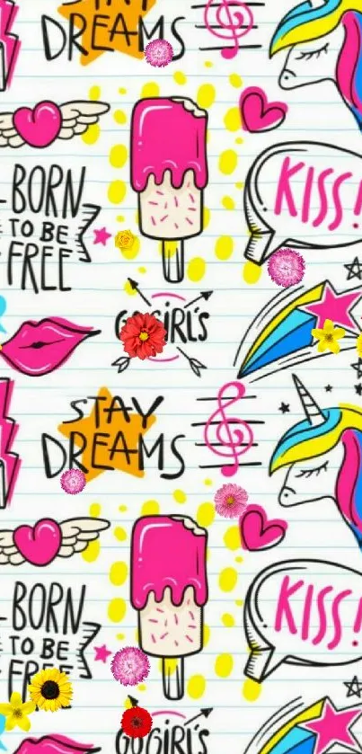 Vibrant doodle unicorn wallpaper with bold pinks and playful designs.