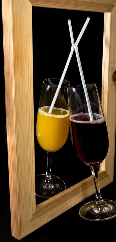 Reflective drinks with a mirror frame on a dark background.