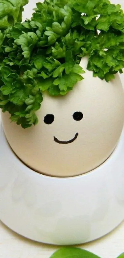 Mobile wallpaper of a smiling egg with green leafy hair in a white holder.