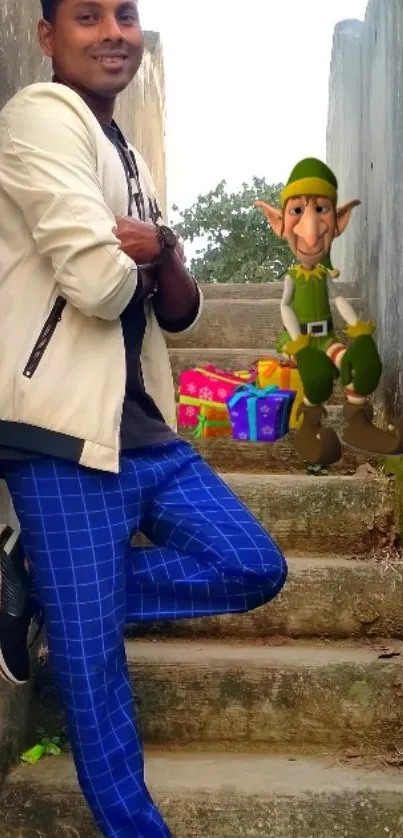 Mobile wallpaper with an elf, presents, and a man on rustic stairs.