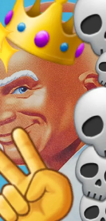 Creative emoji art with crown, skulls, and peace sign on blue background.
