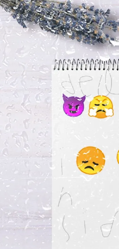 Creative sketchpad with expressive emojis and handwritten text on a paper background.