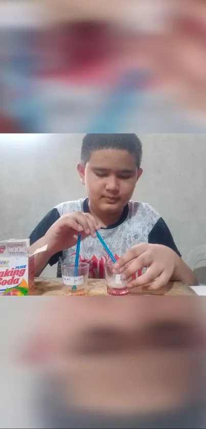 Child doing a science experiment with baking soda at home.