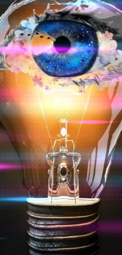 Surreal light bulb art with eye design, vibrant colors, and creative theme.