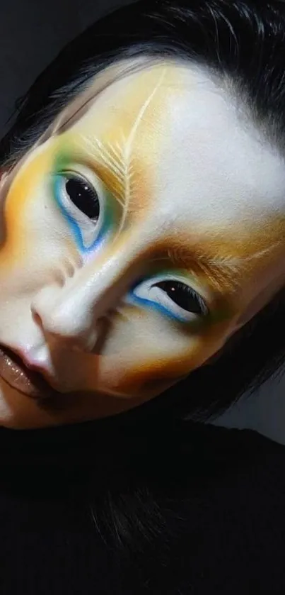 Artistic face with colorful makeup and deep shadows on white base.