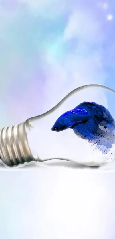 Blue fish in a lightbulb with pastel background.