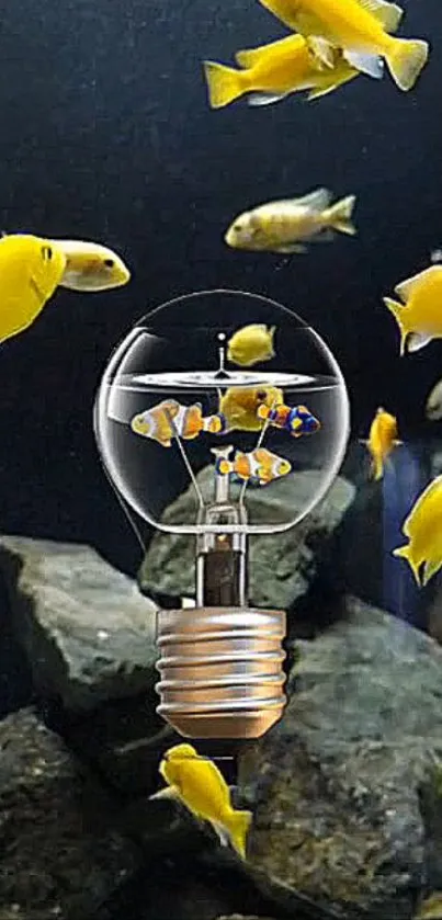 Yellow fish inside a lightbulb art wallpaper.