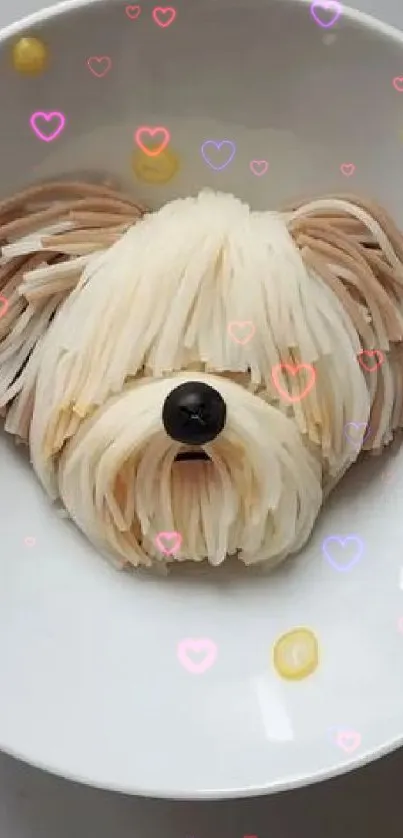 Creative food art on a plate resembling a dog.