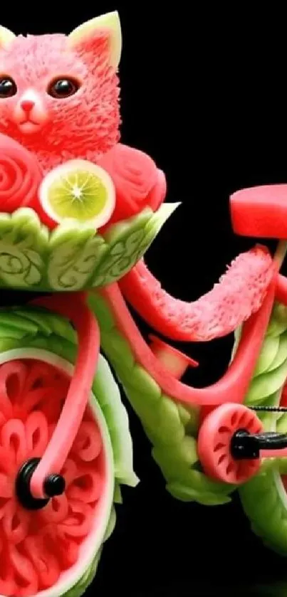 Watermelon bicycle with fruit cat art wallpaper.