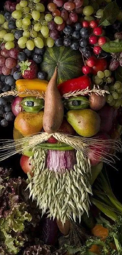 Creative fruit and vegetable art forming a unique face design.