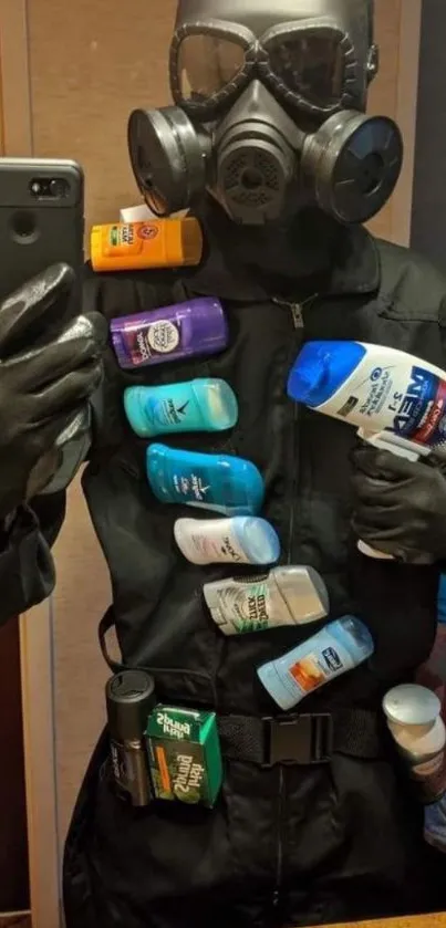 Person in gas mask taking a selfie with toiletries attached.