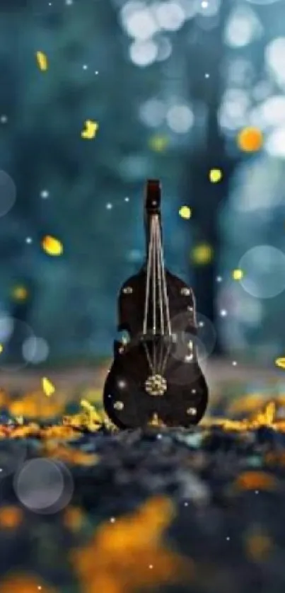 Guitar among autumn leaves with vibrant colors.