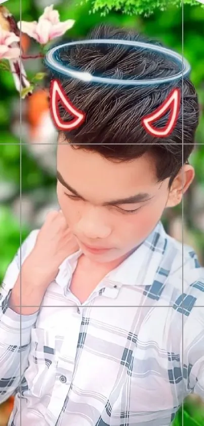 Young man with halo and devil horns filter on green background.