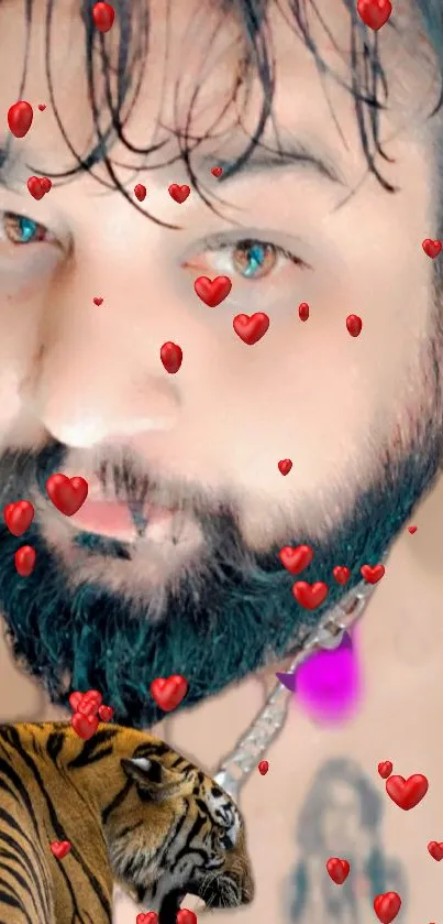 Mobile wallpaper with red hearts and a tiger overlay on a bearded face.