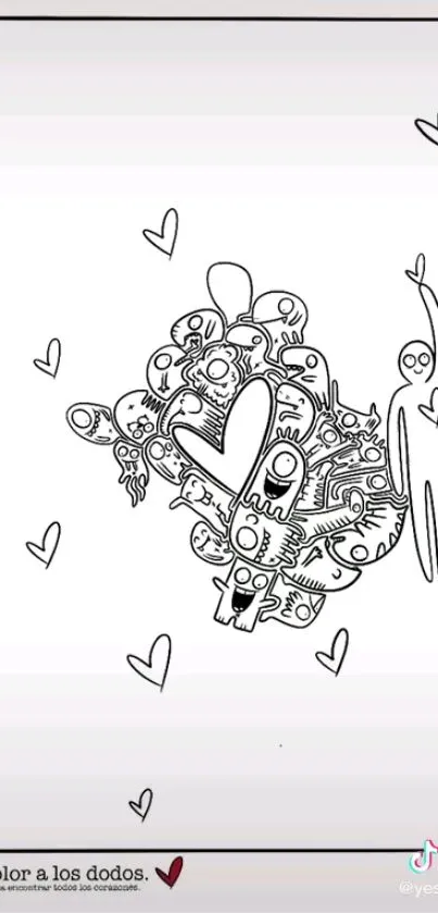 Mobile wallpaper featuring heart doodle art and blank coloring design.