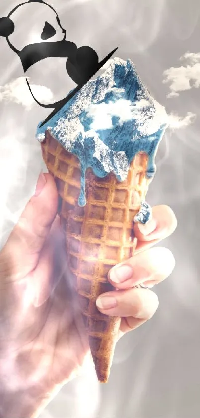 Artistic ice cream cone with mountain and panda design.