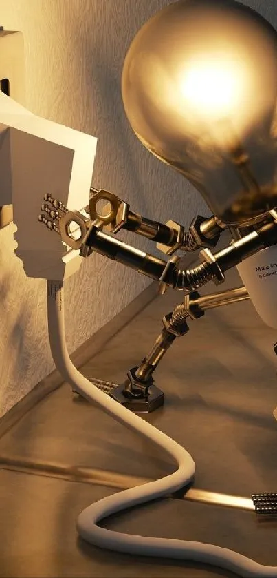 Light bulb shaped robot plugs into wall socket.