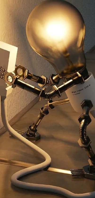 Creative light bulb character self-plugging into a wall socket, symbolizing innovation.