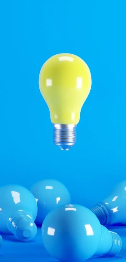 Floating yellow light bulb on blue background, symbolizing innovation and creativity.