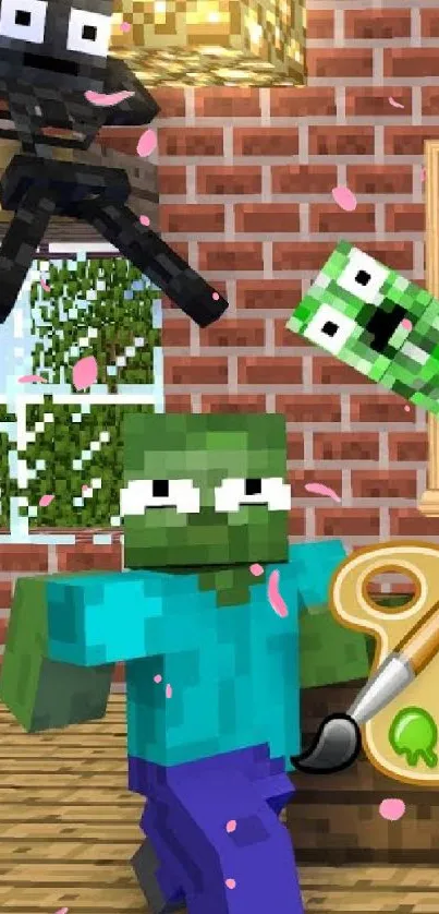 Creative Minecraft art wallpaper with vibrant characters and pixel design.