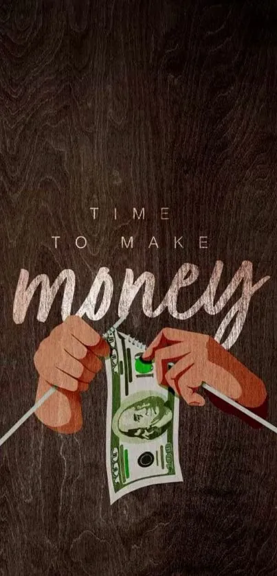 Hands knitting dollar bill with text 'Time to Make Money' on dark background.