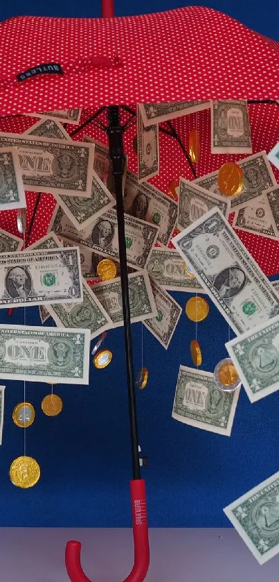 Red umbrella with floating money and coins on blue background.