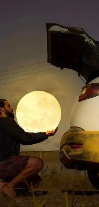 Man holding a moon next to a car at night.