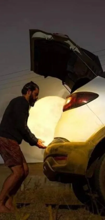 Man placing a full moon into a car trunk at night.