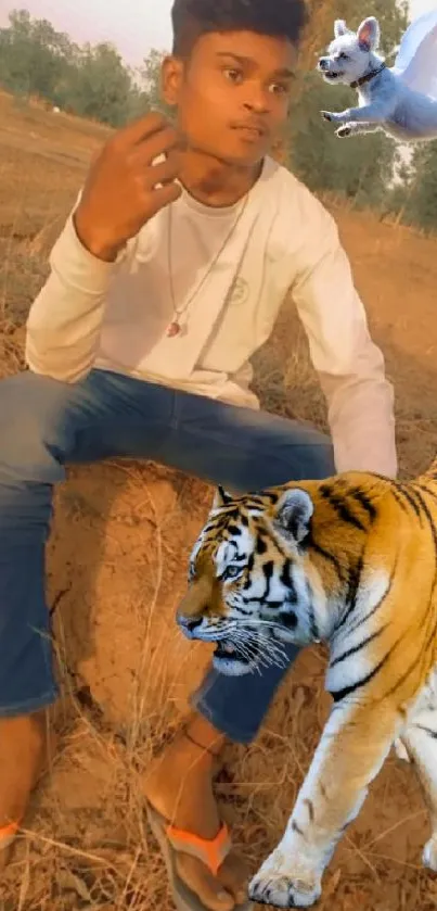 Young man with tiger and flying corgi on a natural background.