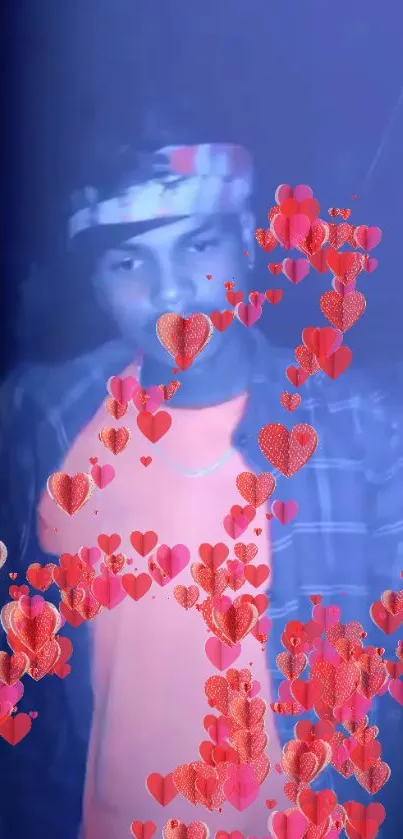 Neon-themed portrait with heart designs on a blue background.