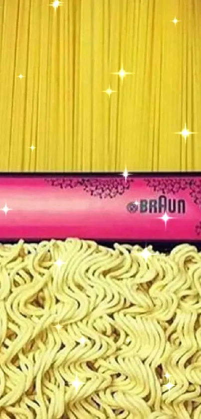 Creative wallpaper with noodles and straightener.