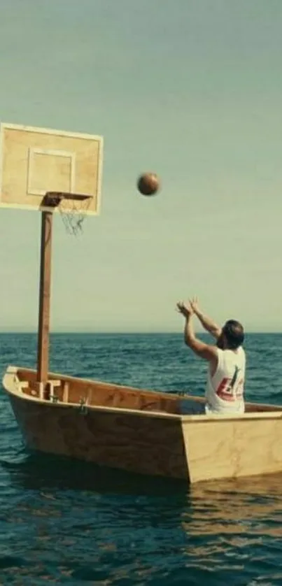 Basketball hoop on a boat in the ocean, unique mobile wallpaper.