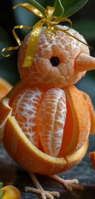 Carved orange bird with decorative ribbon.