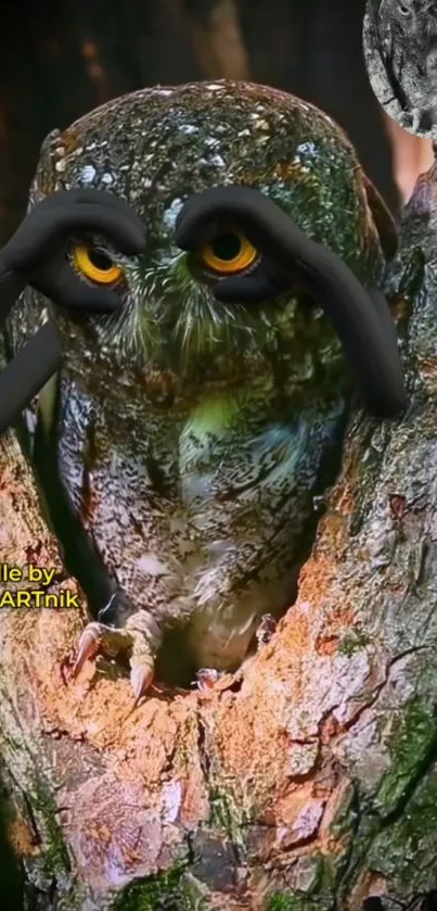 Creative owl resting in tree bark with doodle eyes.