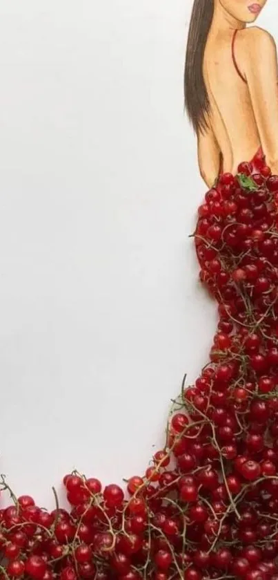 Artwork of a woman in a red berry dress on a white background.