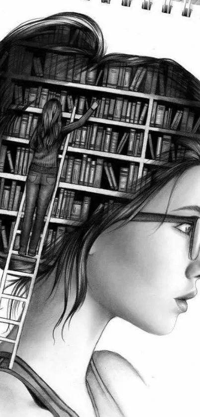 Artistic sketch of a woman with a library in her hair, symbolizing knowledge.