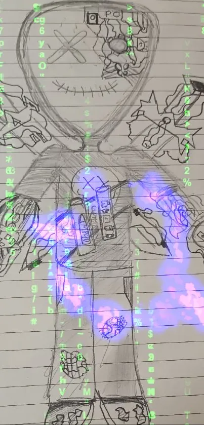 Intricate robot sketch on lined paper, drawn in pencil.