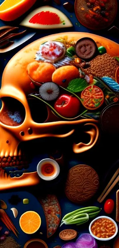 Creative artwork of a skull with colorful foods in vibrant colors.