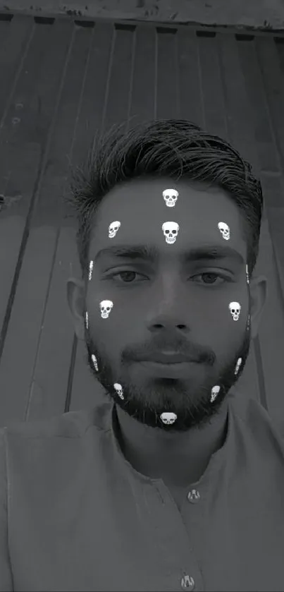 Grayscale portrait with skull filter design.