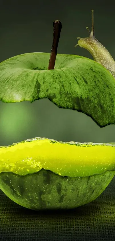 Snail on a creatively designed green apple against a green background.