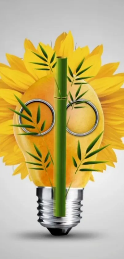 Creative light bulb with sunflower petals and bamboo elements.