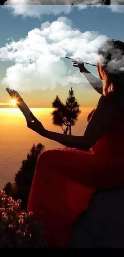 Silhouette of a woman painting clouds at sunset.