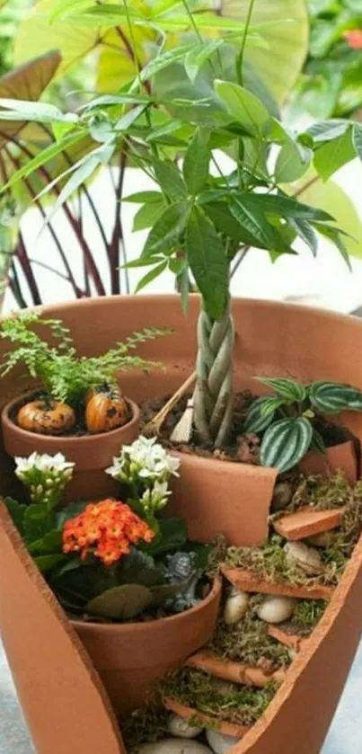 Creative terracotta planter with plants and flowers.