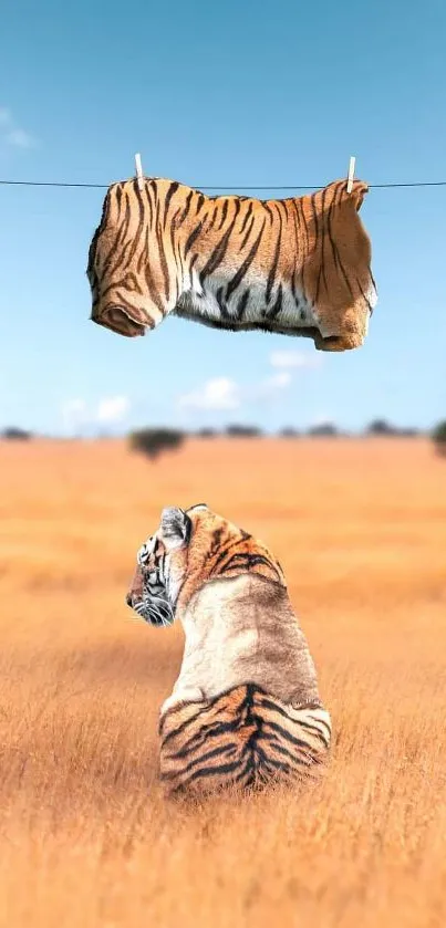 Tiger in field beneath hanging tiger-like cloth, creative illusion scene.