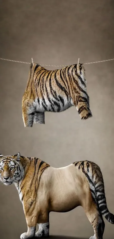 Creative tiger illusion with fur hung above.