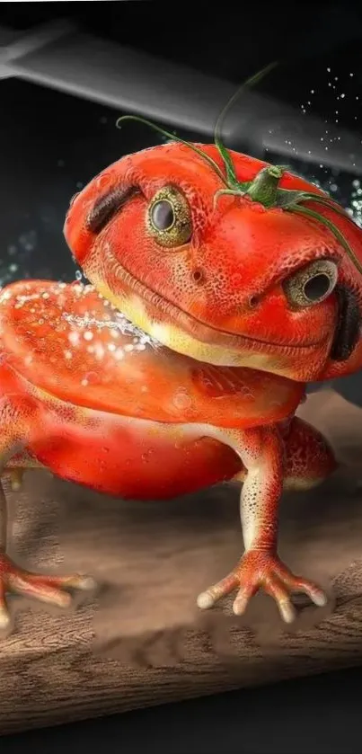 Tomato-shaped frog on wooden surface with magical details.