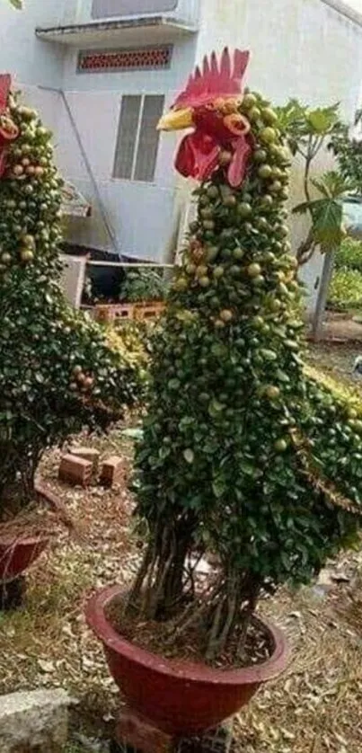 Leafy topiary rooster sculpture in garden.