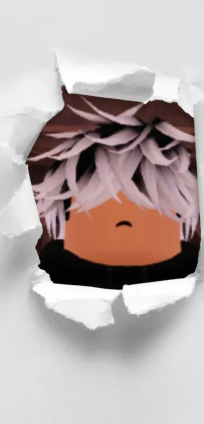 Torn paper effect revealing a mysterious figure with white hair.